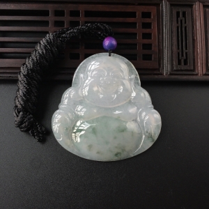 糯冰种飘花翡翠弥勒佛吊坠