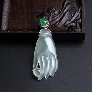18K镶冰糯种淡绿翡翠佛手吊坠