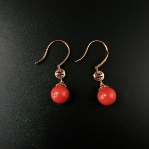 18K金镶沙丁珊瑚圆珠耳坠