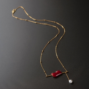 18K金镶沙丁红珊瑚锁骨链