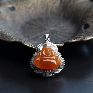 18K金镶钻糯种红翡弥勒佛吊坠