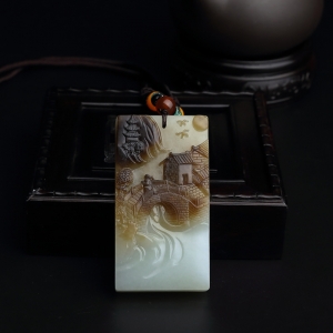 和田玉山水牌吊坠