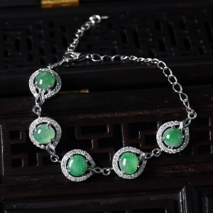 银镶糯冰种翠绿翡翠手链