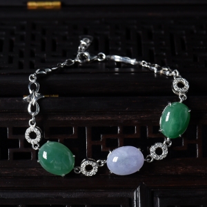 银镶糯冰种春带彩翡翠手链