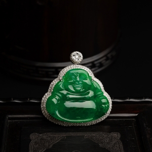18K金镶糯种阳绿翡翠弥勒佛吊坠