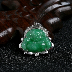 18K金镶糯种满绿翡翠笑佛吊坠