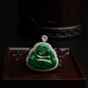 18K金镶钻糯种阳绿翡翠弥勒佛吊坠