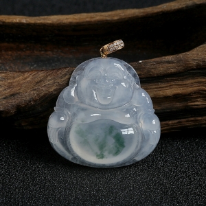 18K金镶冰糯种飘花翡翠弥勒佛吊坠