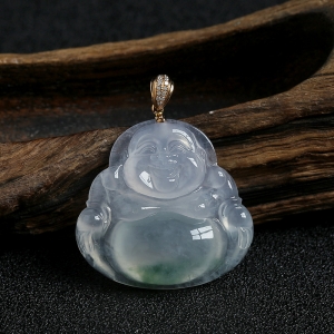 18K金镶冰糯种飘花翡翠弥勒佛吊坠