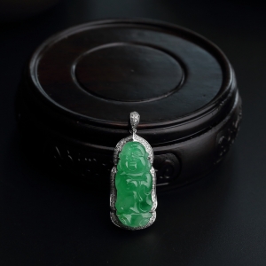 18K金镶糯种满绿翡翠佛吊坠