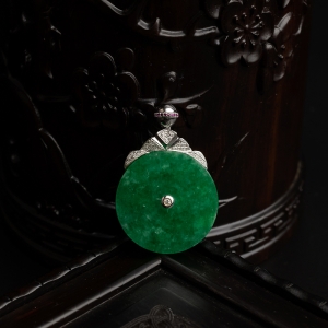 18K金镶糯种满绿翡翠平安扣吊坠