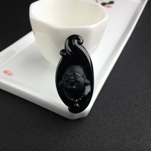 冰糯种墨翠弥勒佛吊坠