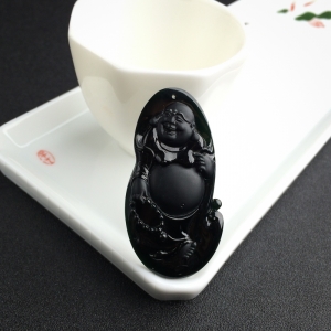 冰糯种墨翠弥勒佛吊坠