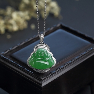 18K金镶钻糯种黄阳绿翡翠弥勒佛吊坠