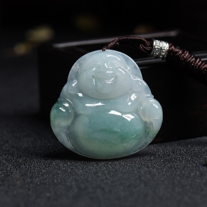 糯种白底飘花翡翠弥勒佛吊坠