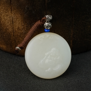 和田玉弥勒佛圆牌吊坠