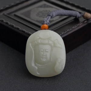 籽料和田青白玉观音吊坠