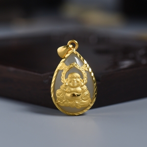 俄料白玉山料金镶玉弥勒佛水滴吊坠