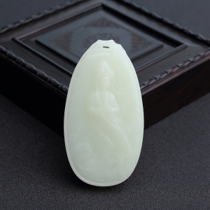 俄料青白玉山料观音吊坠