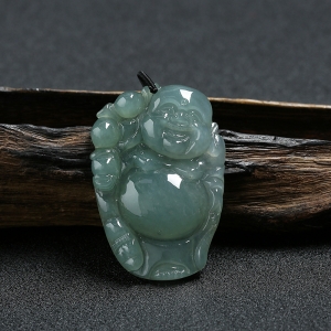 冰糯种灰绿色翡翠站佛吊坠