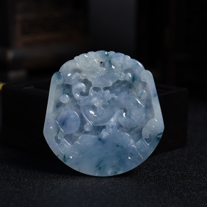 糯冰种浅紫色飘花翡翠福寿如意吊坠