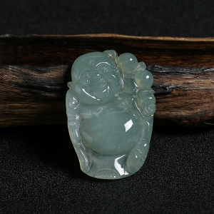 冰糯种灰绿色翡翠站佛吊坠