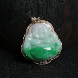 18K金镶钻糯种飘绿花翡翠弥勒佛吊坠