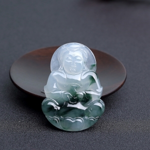 糯种飘花翡翠观音吊坠