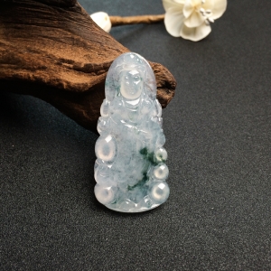 糯冰种飘花翡翠观音吊坠