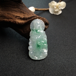 糯种飘花翡翠观音吊坠