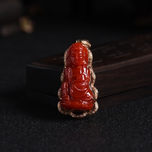 18K金镶钻阿卡牛血红珊瑚观音吊坠