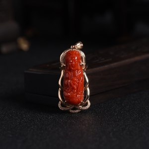 18K金镶钻阿卡牛血红珊瑚观音吊坠