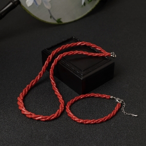 沙丁朱红珊瑚三股链两件套装