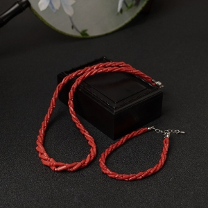 沙丁朱红珊瑚三股链两件套装