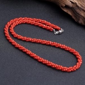 沙丁朱红珊瑚三股圆珠链两件套