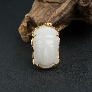 18K金镶青海料白玉山料观音吊坠