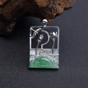 18K金镶钻糯种灰绿翡翠一品清廉吊坠