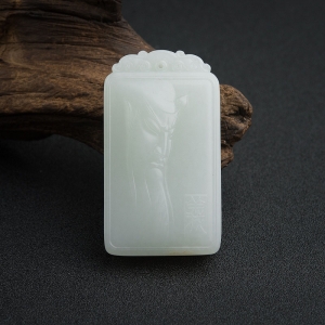 俄料青白玉山料关公吊坠