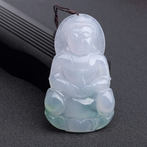 糯冰种飘翠翡翠观音吊坠
