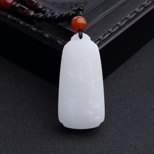 新疆和田羊脂白玉山料竹报平安吊坠