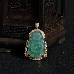 18K金镶钻糯冰种晴水翡翠佛吊坠