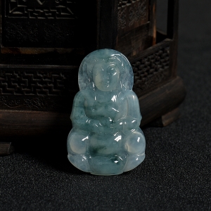 糯冰种飘花翡翠观音吊坠