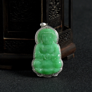 18K金镶钻糯种翠绿翡翠观音吊坠