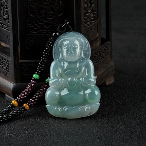 糯冰种飘翠翡翠观音吊坠