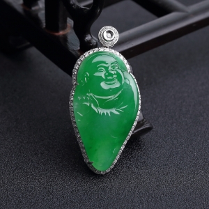 18K金镶钻糯冰种阳绿翡翠佛吊坠