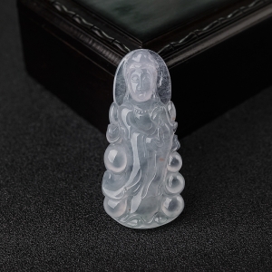 糯冰种春带彩绿翡翠观音吊坠