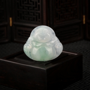 糯冰种飘花翡翠弥勒佛吊坠