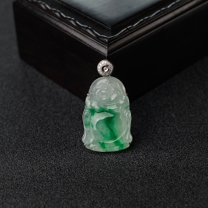 18K金镶钻糯冰种飘翠翡翠佛吊坠