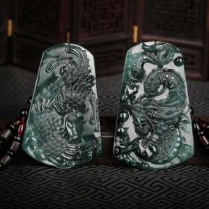 糯种蓝绿翡翠龙凤牌套装吊坠