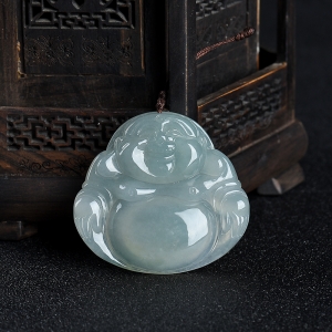 糯种灰绿翡翠弥勒佛吊坠